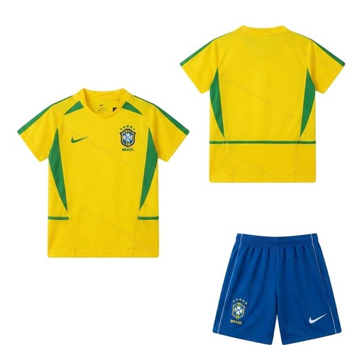 Brazil Retro Home Kids Football Kit 2002 Front and Back View