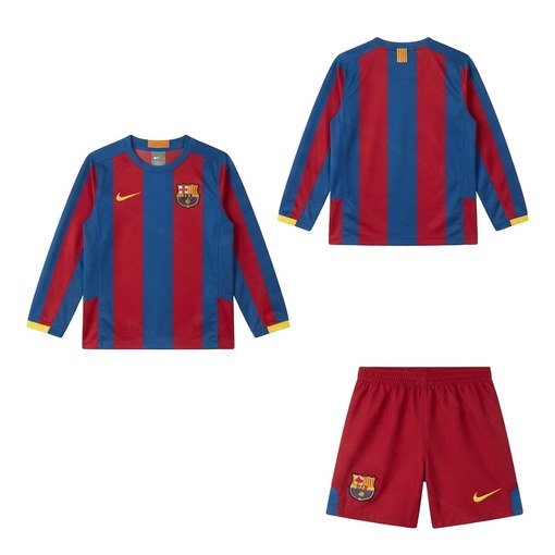 Barcelona Retro Home Long Sleeve Kids Football Kit 05/06 Front and Back View