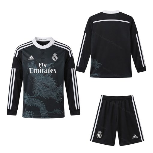 Real Madrid Retro Third Long Sleeve Kids Football Kit 14/15 Front and Back View