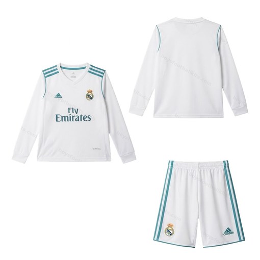 Real Madrid Retro Home Long Sleeve Kids Football Kit 17/18 Front and Back View