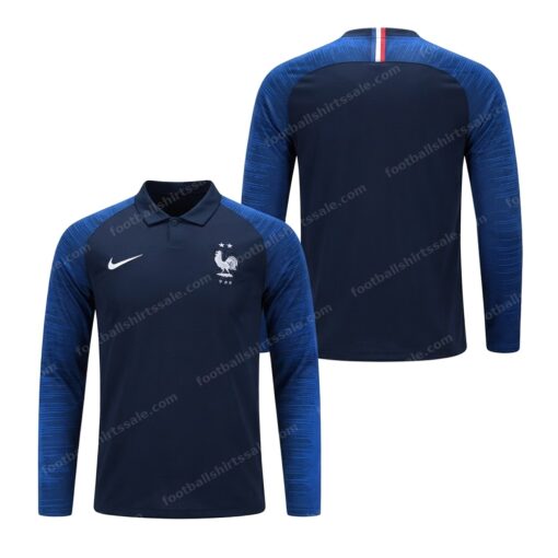France Retro Home World Cup Fifa Long Sleeve Football Shirt 2018 Front and Back View