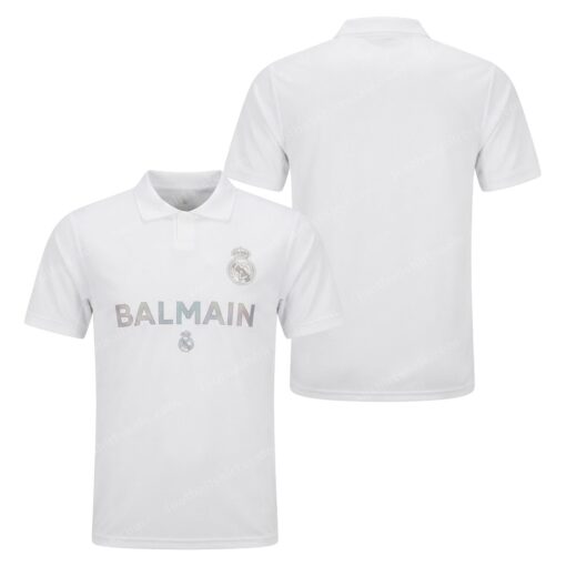 Real Madrid Reflective Balmain White Football Shirt 23/24 Front and Back View