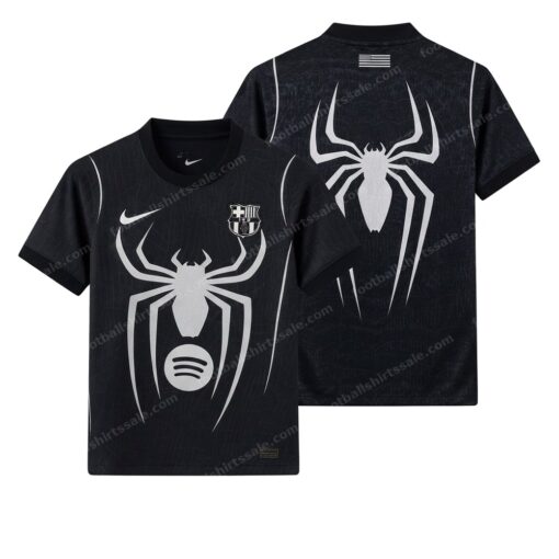 Barcelona X Spiderman Black Football Shirt 26/27 Front and Back View
