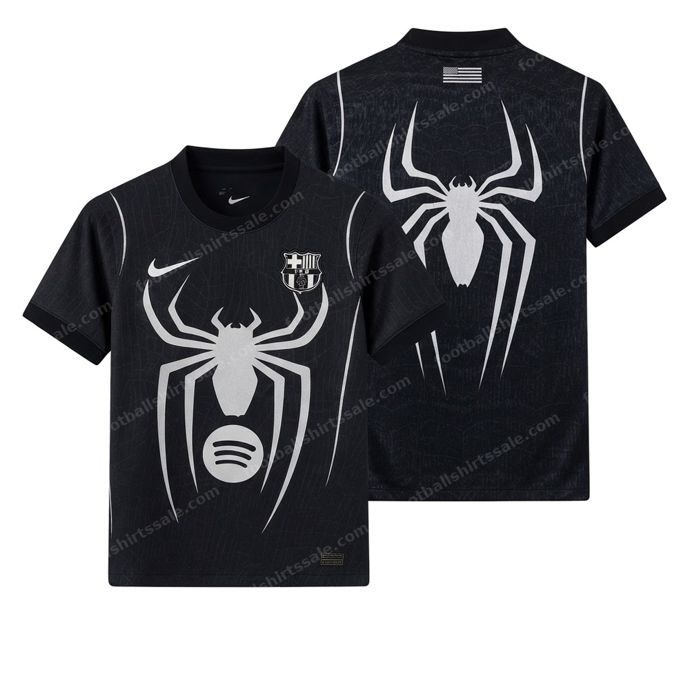 Barcelona X Spiderman Black Football Shirt 26/27 Front and Back View